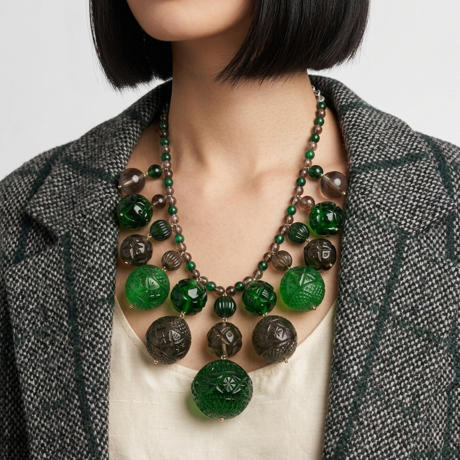 Etched Bib Necklace Emerald Green & Grey