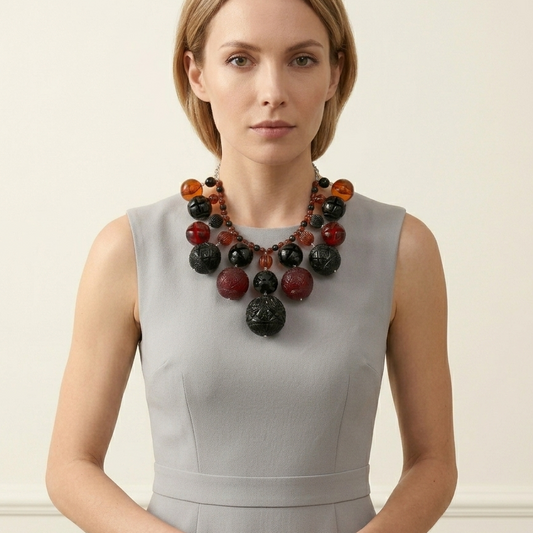 Etched Bib Necklace Black & Amber