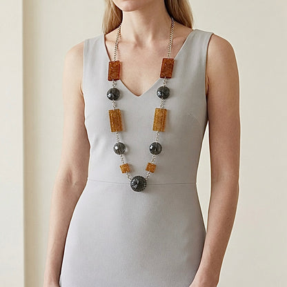30% OFF  Extra Long Square & Disc Necklace Amber & Black