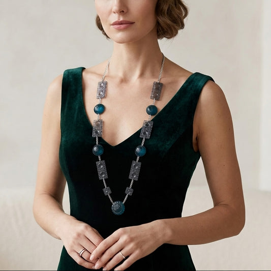 30% OFF Extra Long Square & Disc Necklace Indigo & Grey