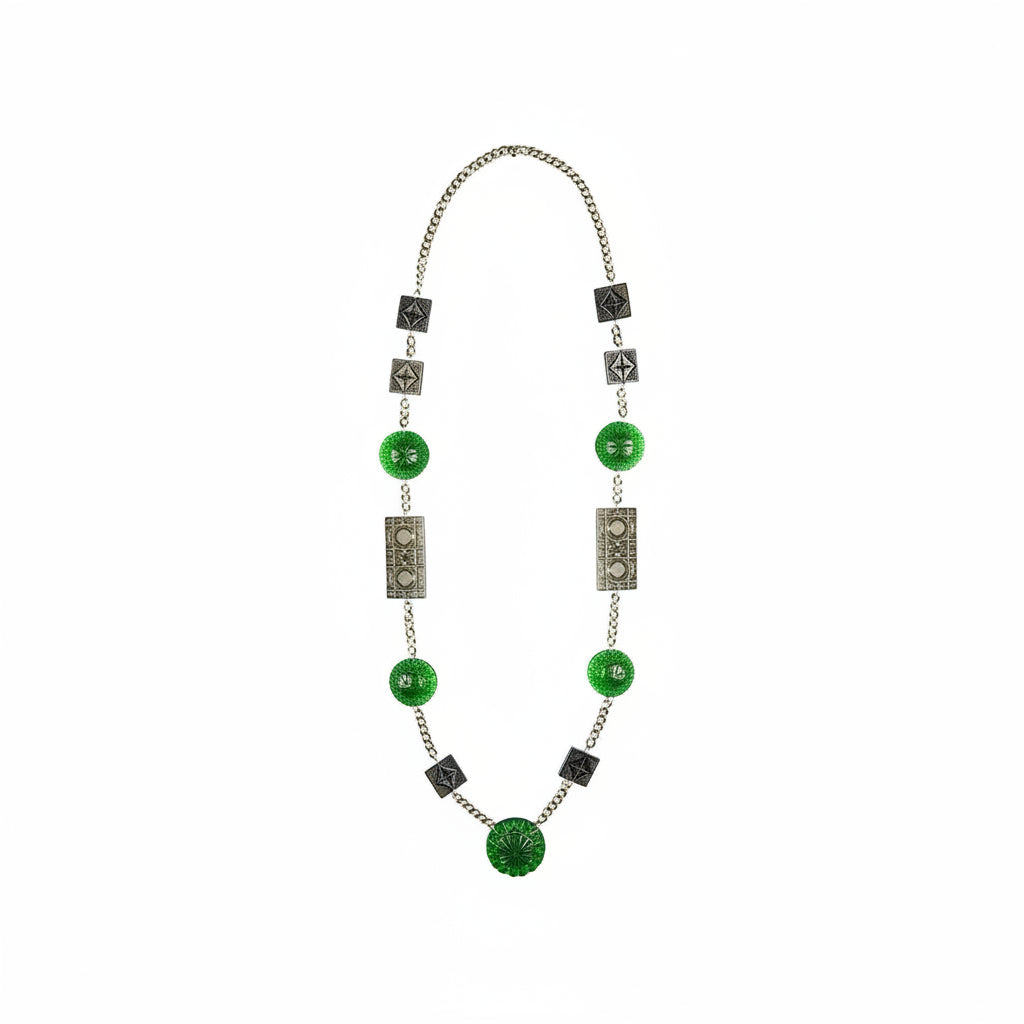 30% OFF Extra Long Square & Disc Necklace Emerald Green & Grey