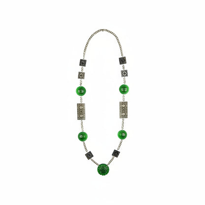 30% OFF Extra Long Square & Disc Necklace Emerald Green & Grey