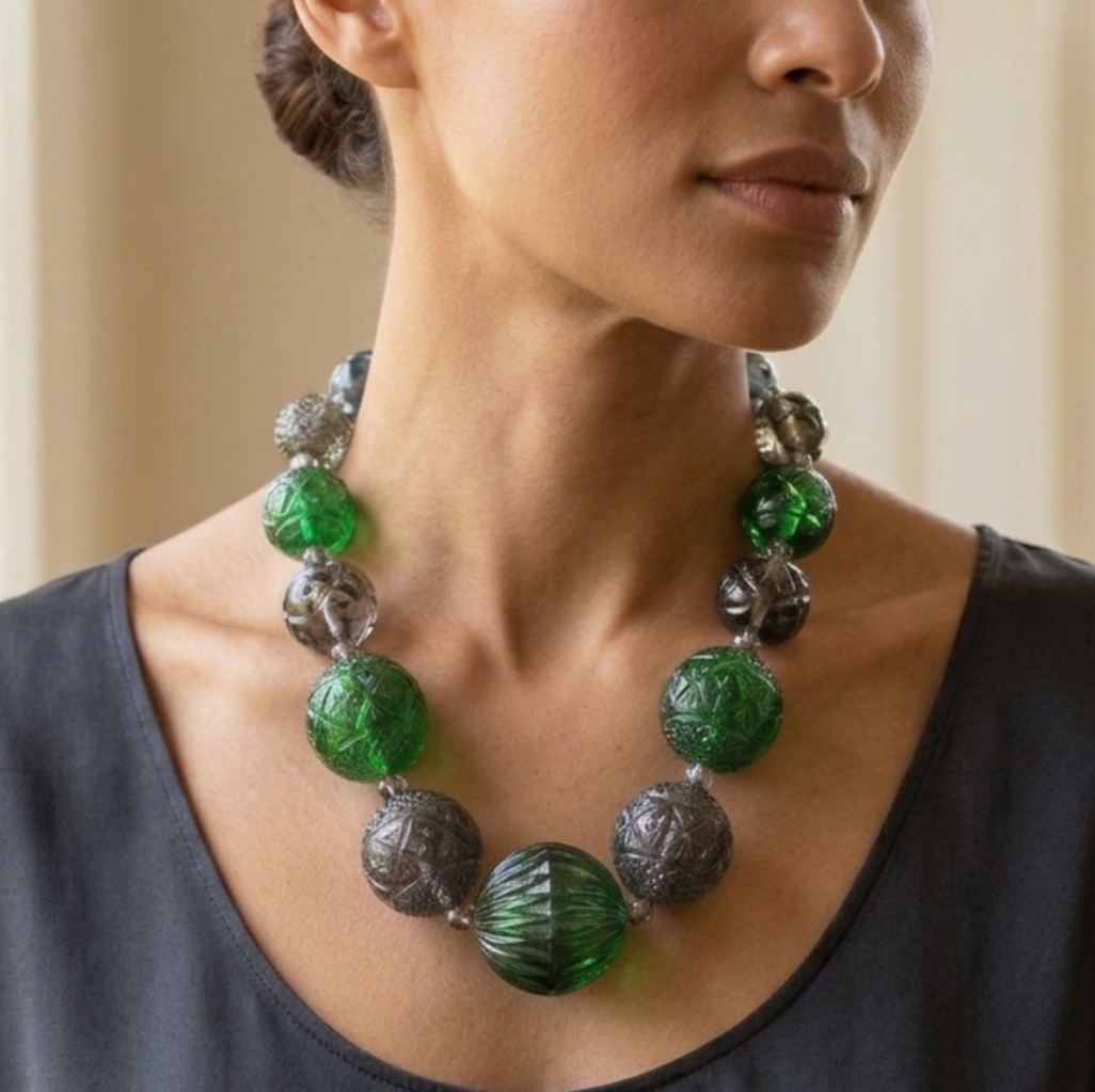 30% OFF Statement Sphere Necklace Emerald Green & Grey
