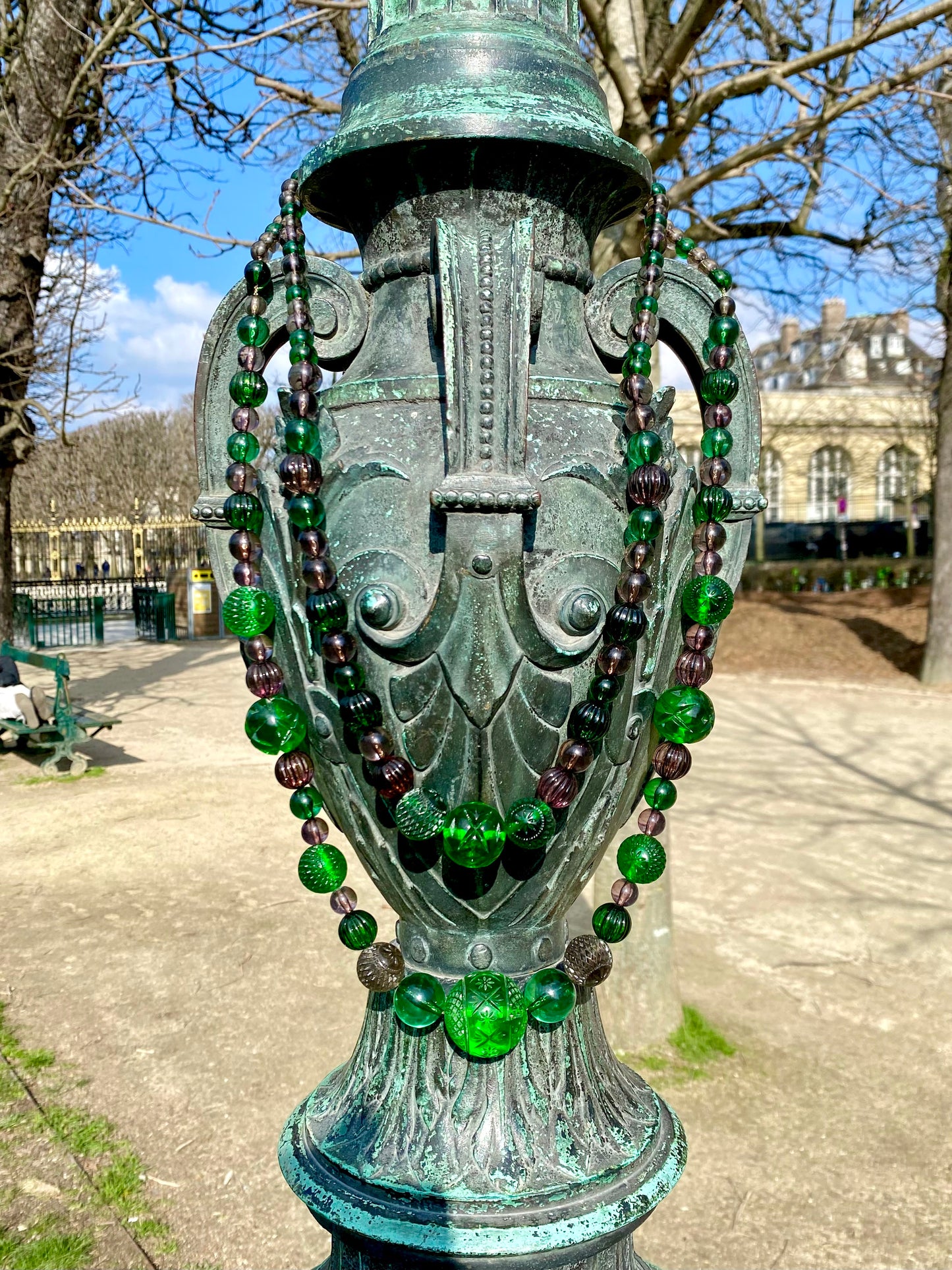 Beaded Layer Necklace Emerald Green & Grey