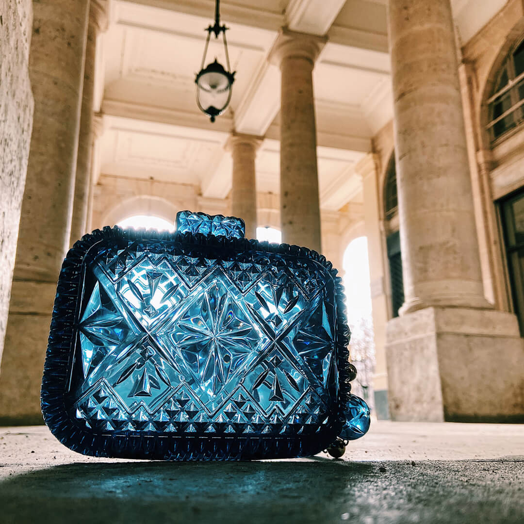 SAMPLE SALE Hand Carved Clutch Classic Blue