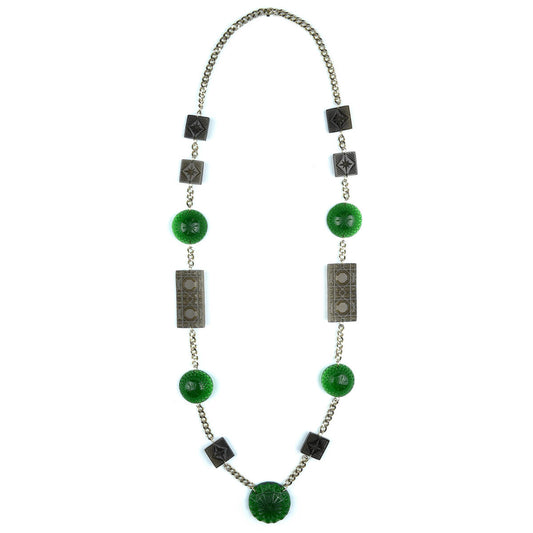 SAMPLE SALE Extra Long Square & Disc Necklace Emerald Green & Grey