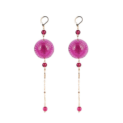 Long String Disc Earrings Deep Purple