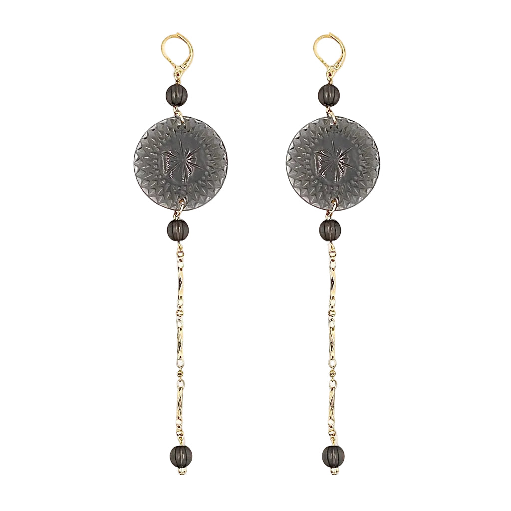 Long String Disc Earrings Dark Grey