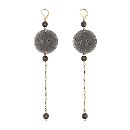 Long String Disc Earrings Dark Grey