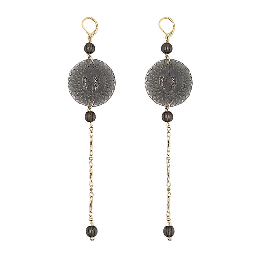 Long String Disc Earrings Dark Grey