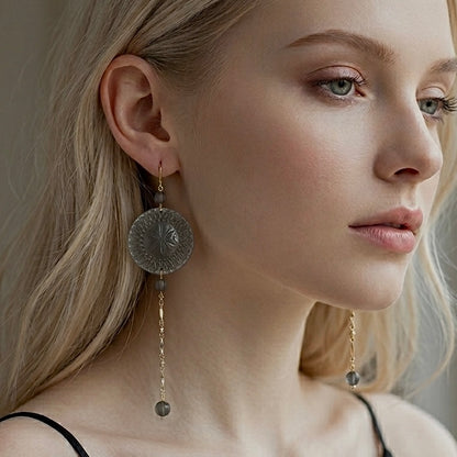 Long String Disc Earrings Dark Grey