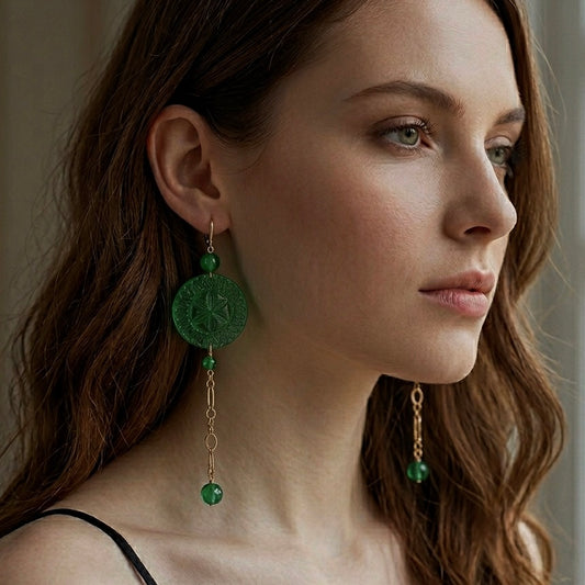 Long String Disc Earrings Emerald Green