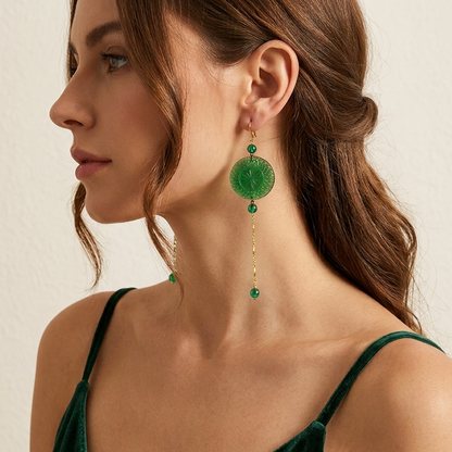 Long String Disc Earrings Emerald Green