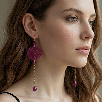 Long String Disc Earrings Deep Purple