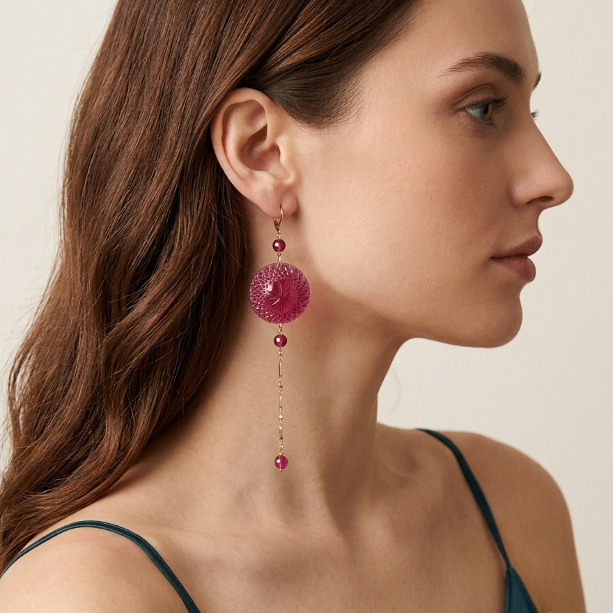 Long String Disc Earrings Deep Purple