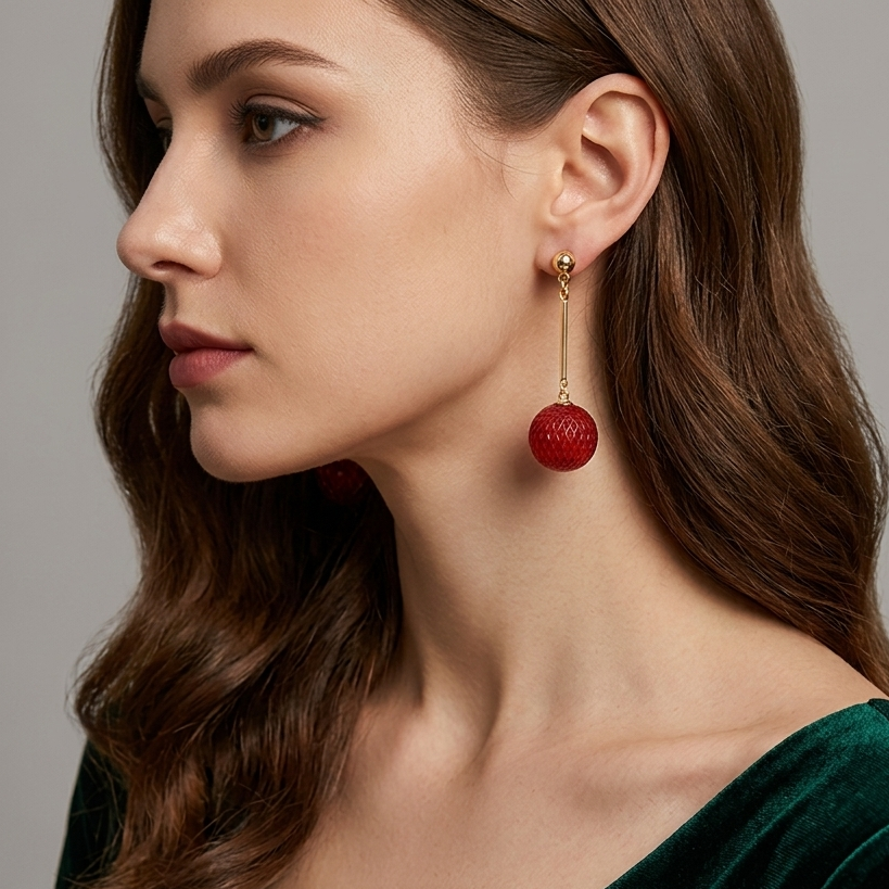 A woman in profile wearing a dangling earring with a textured red spherical drop and a gold-toned chain, paired with a dark green velvet top against a neutral gray background.