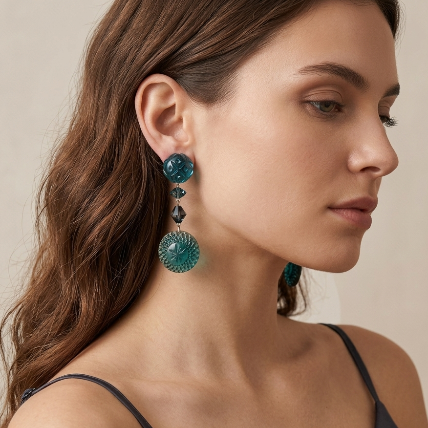 A woman in profile wearing a long, dangling statement earring made of layered teal-blue textured discs and small dark beads, against a soft beige background.