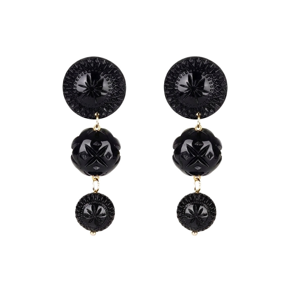 Hand Carved Drip Disc Earrings Black