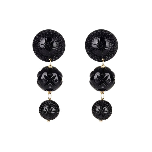 Hand Carved Drip Disc Earrings Black
