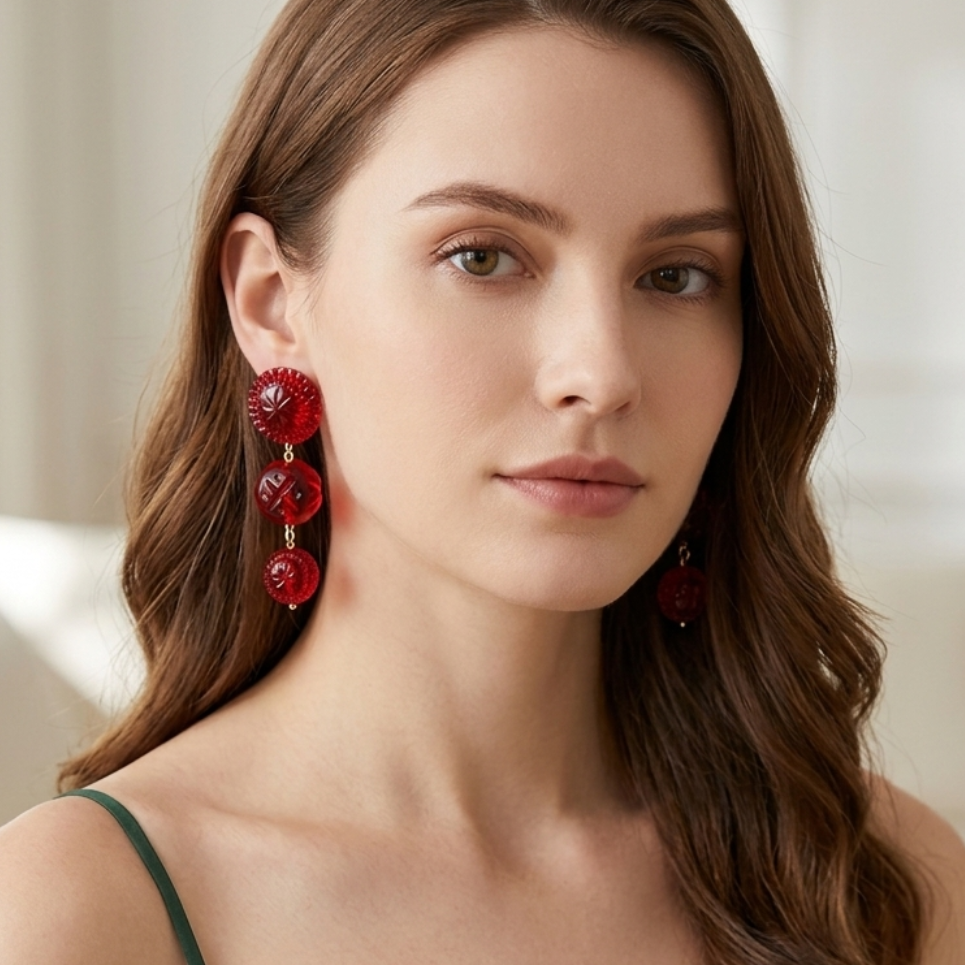 A woman with long wavy brown hair wearing a dark green spaghetti-strap top and matching red drop earrings, photographed in a softly lit indoor setting.