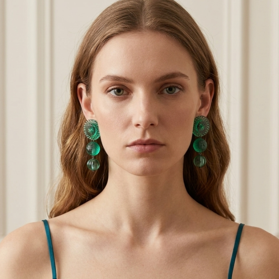 A woman with light brown hair wearing large, chunky green beaded drop earrings and a teal spaghetti-strap top, set against a soft beige paneled wall.