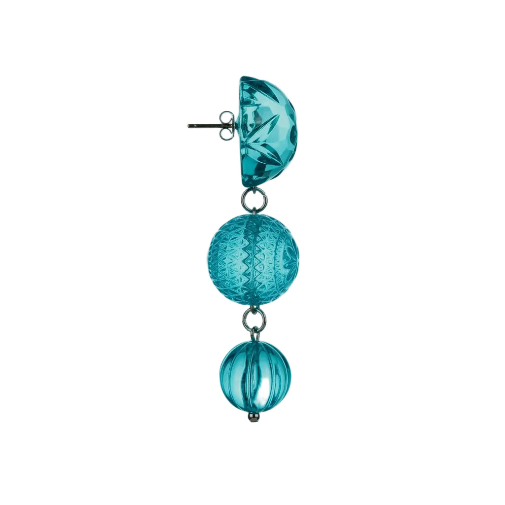 A pair of dangling earrings with a faceted teal top piece and two textured teal spherical drops connected by small silver rings, shown on a light gray background.