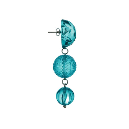 A pair of dangling earrings with a faceted teal top piece and two textured teal spherical drops connected by small silver rings, shown on a light gray background.