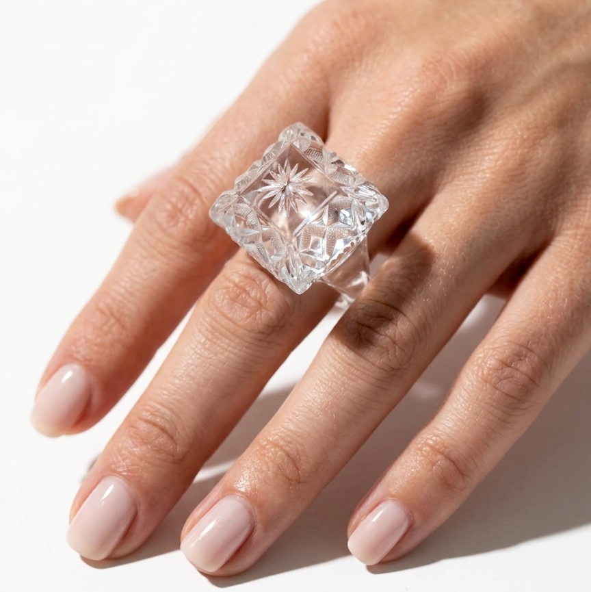 Carved Square Ring Vintage Clear