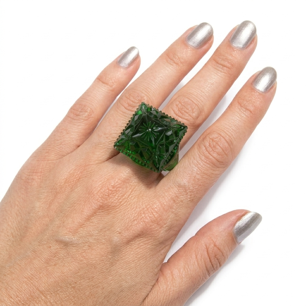 Carved Square Ring Emerald Green