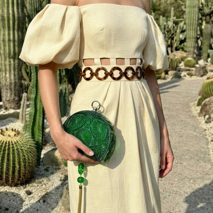 A woman wearing a cream off-the-shoulder midi dress with puff sleeves, a cutout waist, and a brown chain-link belt, standing in a desert garden with cacti. She is holding a green textured crocodile-pattern clutch bag with green beads and a tassel.