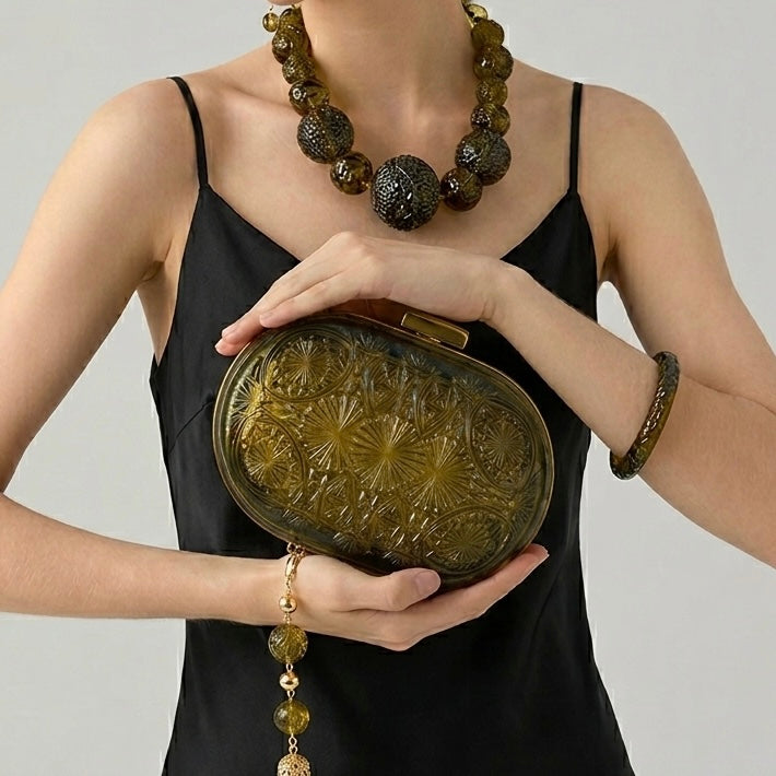 BESTSELLER Hand Carved Oval Clutch Olive