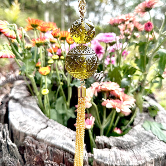 Dual Ball Long Tassel Necklace Olive