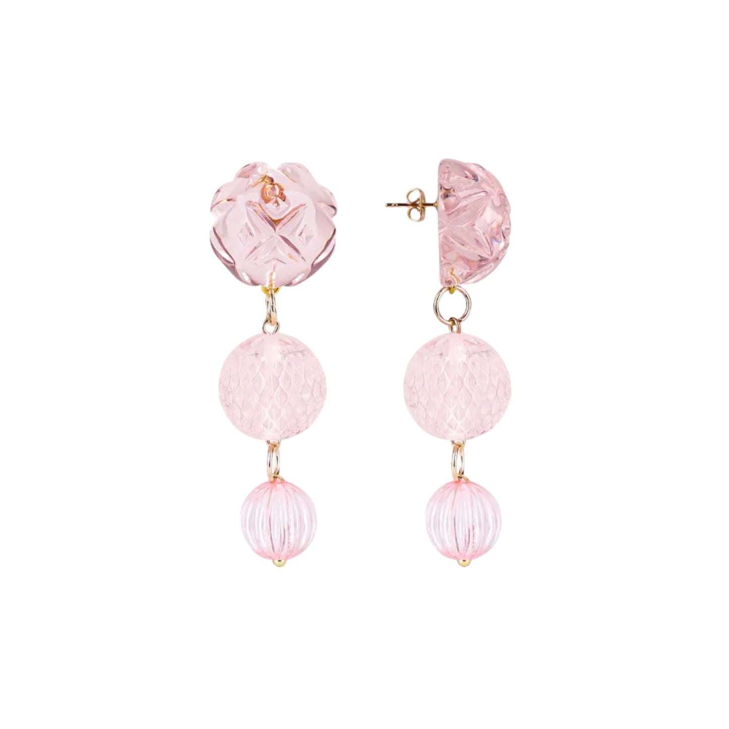 A pair of pink drop earrings featuring textured and faceted glass beads in shades of light pink, suspended from gold-tone posts on a solid white background.