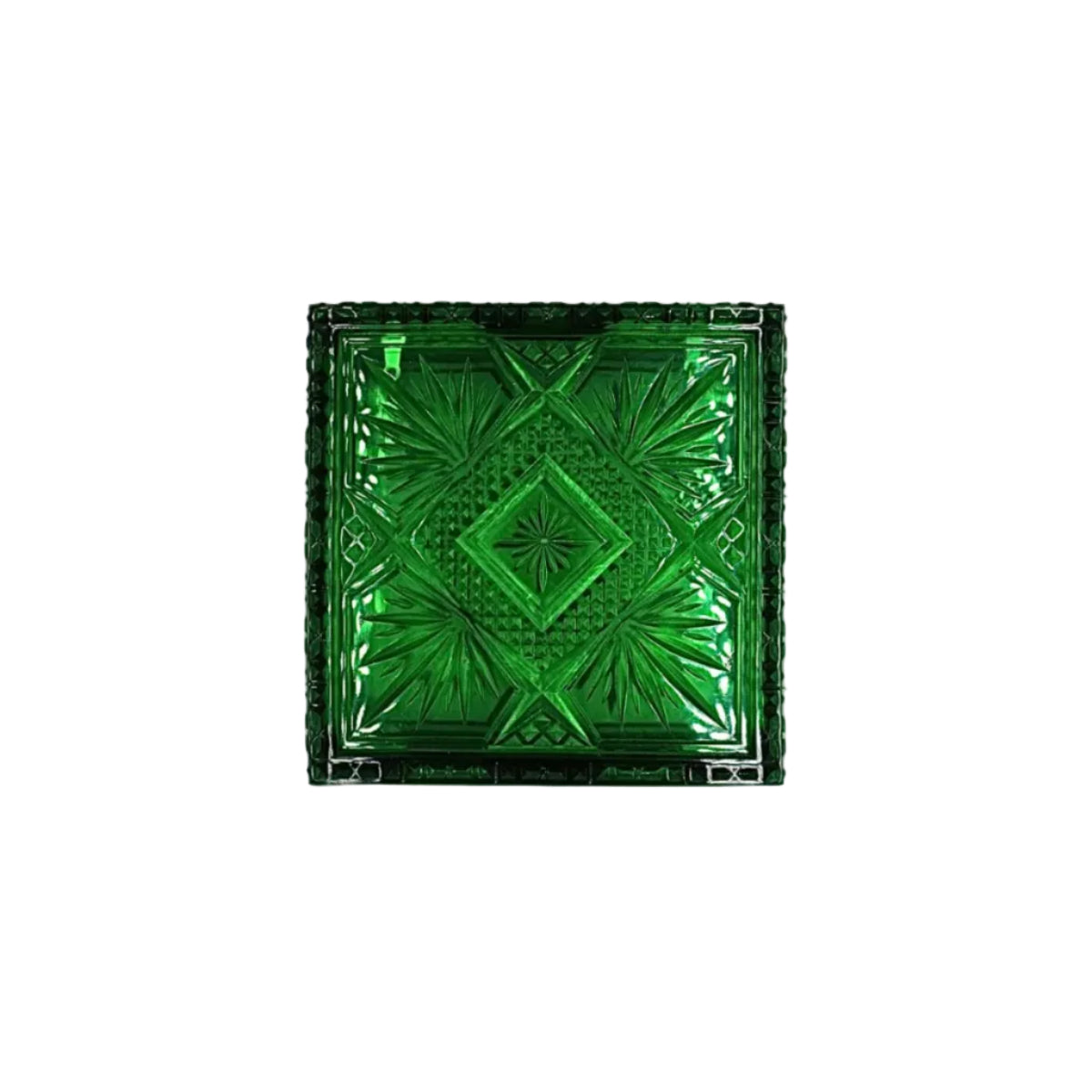 A square green glass plate with an embossed geometric starburst pattern, shown from a top-down view on a white background.