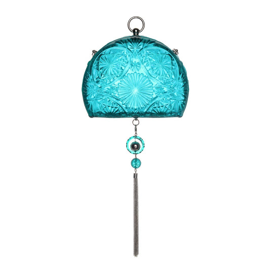 Hand Carved Fan Clutch Aqua