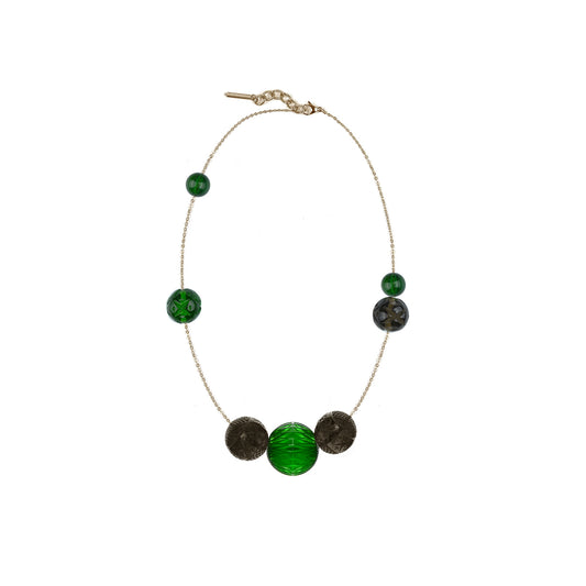 Long Random Sphere Necklace Emerald Green & Grey