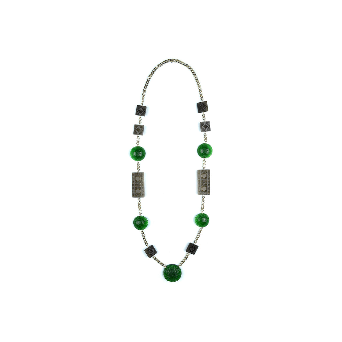 30% OFF Extra Long Square & Disc Necklace Emerald Green & Grey