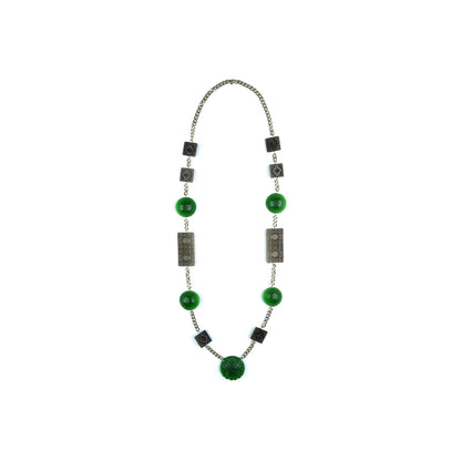 30% OFF Extra Long Square & Disc Necklace Emerald Green & Grey