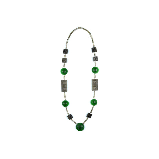 30% OFF Extra Long Square & Disc Necklace Emerald Green & Grey