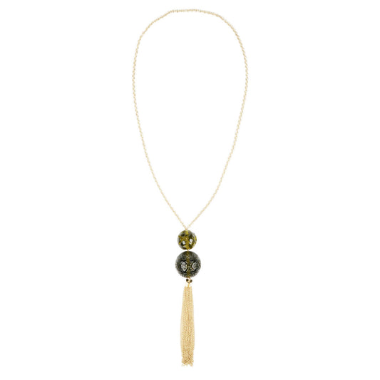 NEW IN Dual Ball Long Tassel Necklace Olive