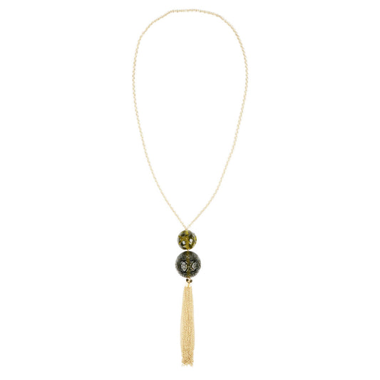 Dual Ball Long Tassel Necklace Olive