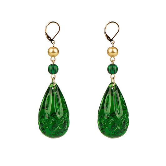 Etched Teardrop Earrings Emerald Green