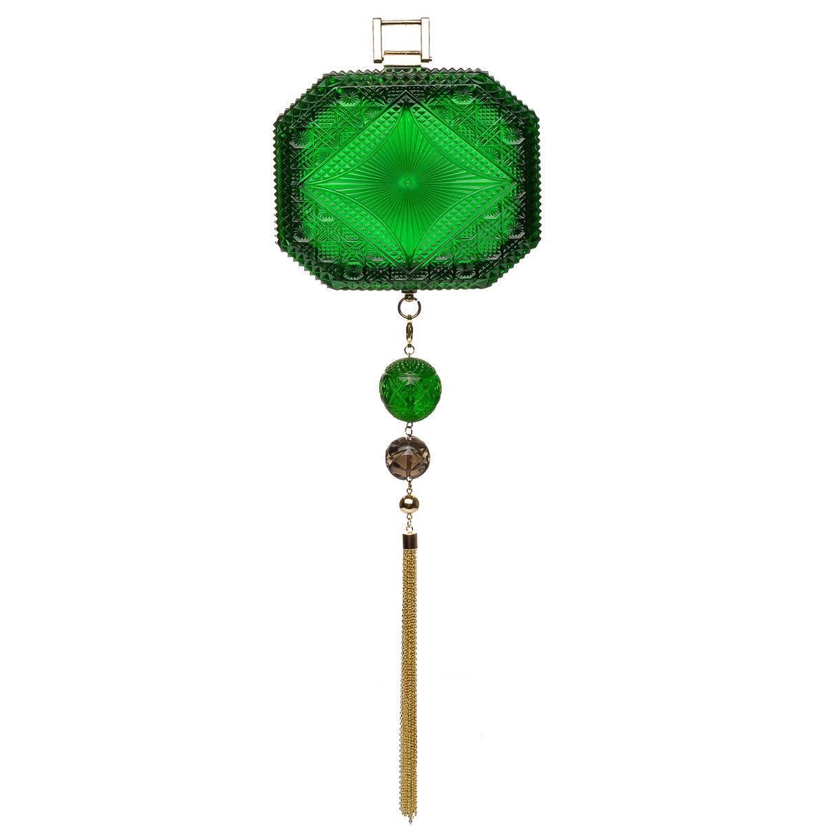 A green cut-glass inspired clutch bag featuring a faceted octagonal top, a hanging tassel, and decorative beads, shown against a plain white background.