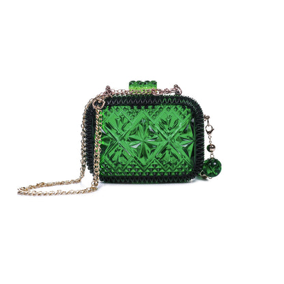 A small green textured clutch bag with a diamond-cut pattern, a gold-tone chain strap, and a hanging green crystal charm, shown on a plain white background.
