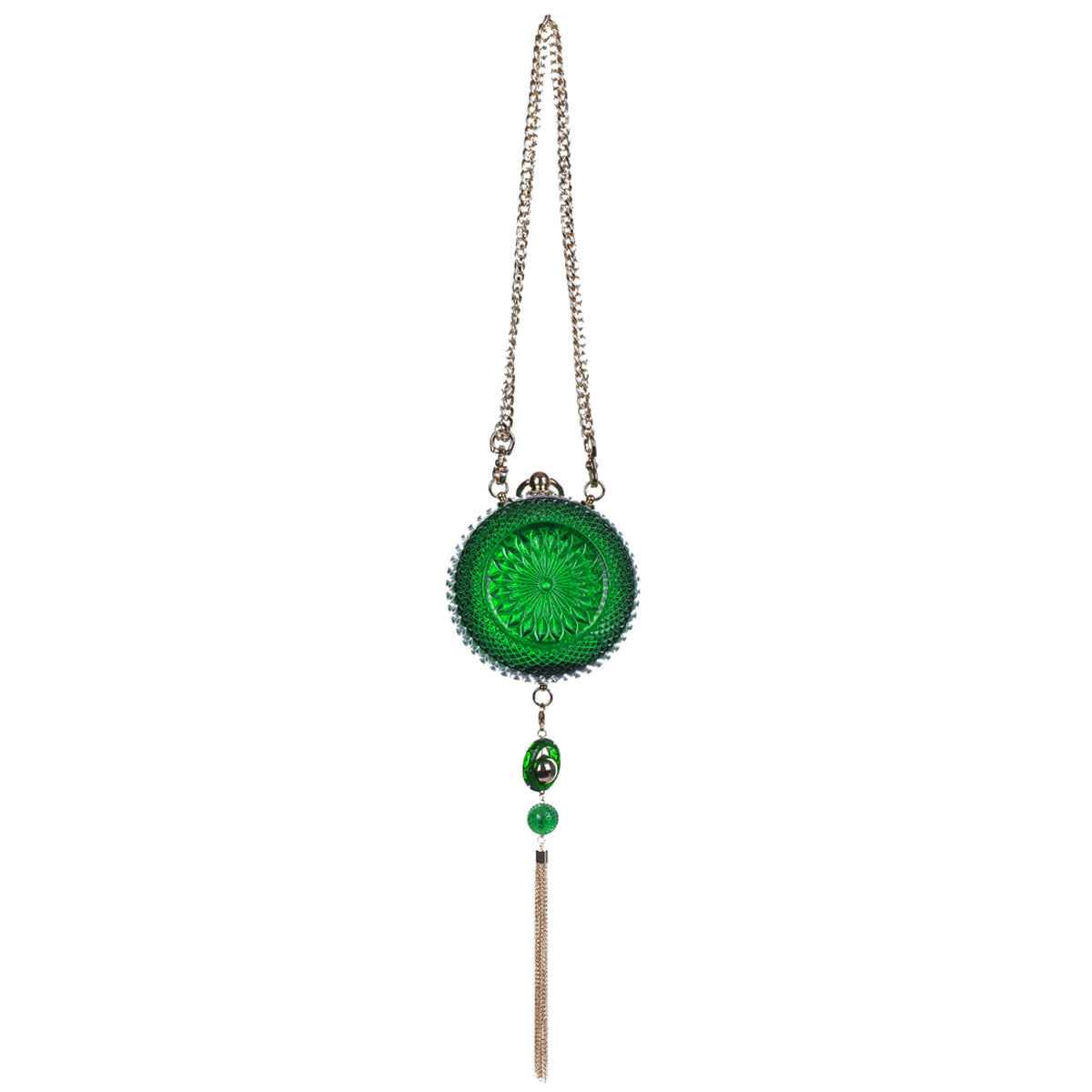 Green cut glass inspired round clutch bag with two small green beads, and a long tassel.