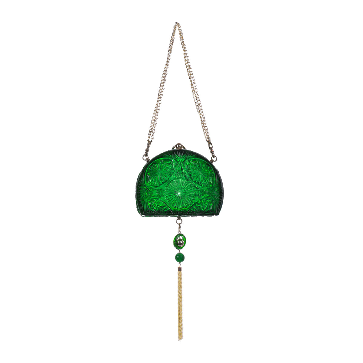 A green cut glass inspired clutch purse with an embossed floral pattern, featuring a gold-tone chain strap, a tassel with green beads, and a small gold clasp, shown against a plain white background.