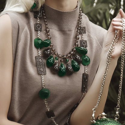 [MADE-TO-ORDER] Etched Teardrop Necklace Emerald Green & Grey