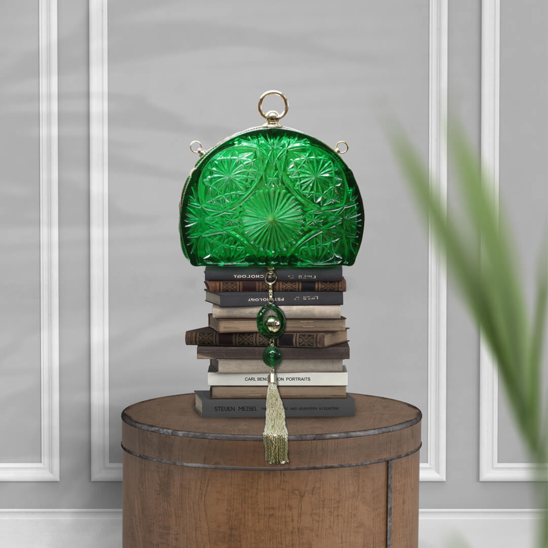 BEST SELLER Hand Carved Fan Clutch Emerald Green