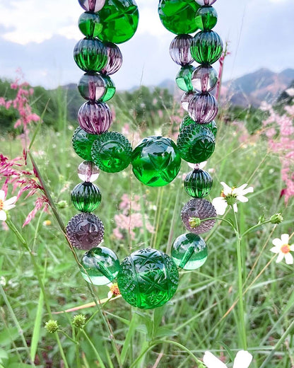 Beaded Layer Necklace Emerald Green & Grey