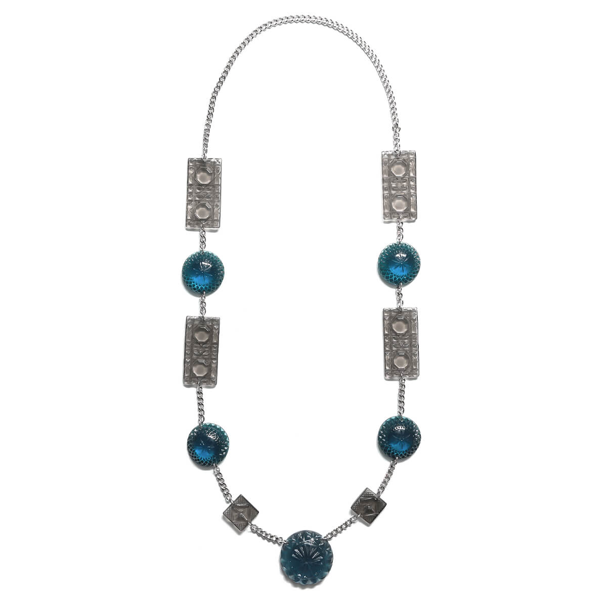 Extra Long Square & Disc Necklace Classic Blue & Grey